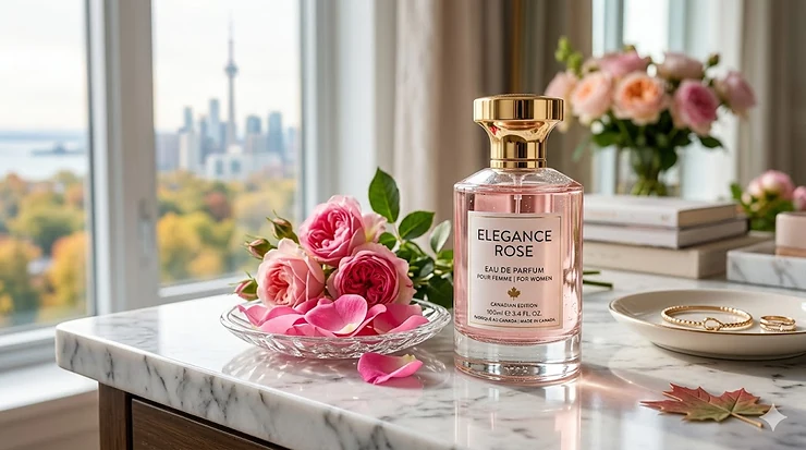 A luxury bottle of rose perfume for women on a marble vanity with fresh pink petals, reflecting a sophisticated Canadian lifestyle.
