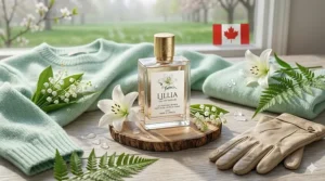 A seasonal spring flat-lay featuring lily perfumes for women next to a cozy mint-green sweater and soft leather gloves, perfect for Canadian springtime transition.