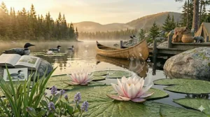 Technical line-art illustration of native Canadian wetland plants focusing on the fragrant water lily fresh aquatic scent profile.