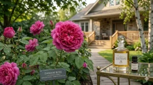 Vibrant Damask roses blooming in a Canadian garden, representing the peak season for floral fragrance harvesting.