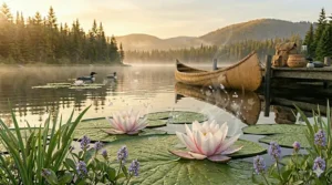 Vector artwork showing the transition of Canadian seasons into summer ponds rich with a blooming water lily fresh aquatic scent.