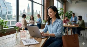 An illustration of a creative professional in a casual smart outfit working at a tech hub in Ottawa, wearing a fresh, energizing peony perfume.