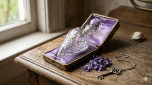 Artistic sketch of a classic perfume bottle reflecting nostalgic beauty. Esquisse artistique d'un flacon de parfum classique évoquant une beauté nostalgique.