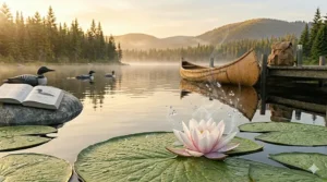Eco-friendly Canadian beauty illustration featuring a sustainable perfume mist highlighting a water lily fresh aquatic scent.