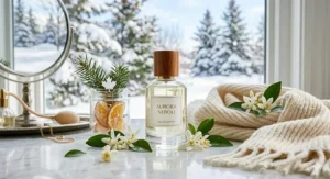 Illustration of a fresh neroli perfume bottle paired with a knit scarf, highlighting its popularity as a clean, uplifting scent during Canadian winters.