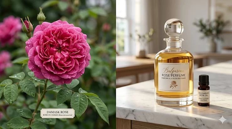 A side-by-side comparison of a lush Damask rose and a premium Bulgarian rose perfume bottle, highlighting the floral differences for Canadian fragrance enthusiasts. damask rose vs Bulgarian rose perfume