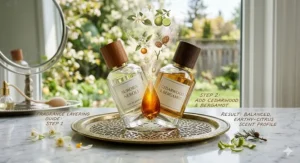 Illustration guiding users on layering fresh neroli perfumes with Canadian cedarwood for a balanced, earthy-citrus scent profile.