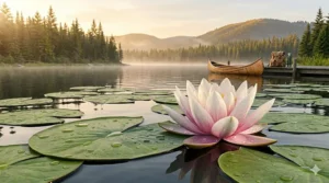Watercolor illustration of a misty morning dock in Canada capturing the calm essence of a water lily fresh aquatic scent.