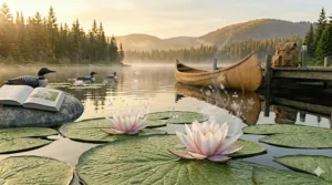 Vivid digital illustration of a water splash surrounding a blooming white flower, representing a crisp water lily fresh aquatic scent.