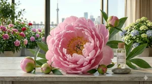Fresh morning peony petals with dew drops representing light, airy perfume notes.