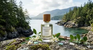 A minimalist illustration of a citrus fragrance bottle against a stylized Canadian West Coast backdrop, emphasizing airy, fresh neroli notes.