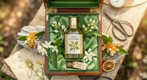 Artistic rendering of dew-covered citrus petals, highlighting the crisp, clean scent of orange blossom perfume for spring on a rainy Canadian day.