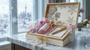 A beautifully wrapped gift box containing rose perfumes for women, perfect for Mother’s Day or anniversaries in Canada.