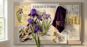 A mood board capturing the essence of iris perfumes with textures of velvet, iris blooms, and soft golden light.