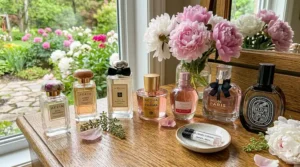 Visual guide on layering peony scents with rose and suede notes for a complex aroma.