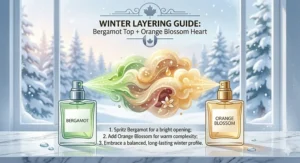 A photorealistic photograph of layering orange blossom and bergamot perfume to create a complex scent profile suitable for a Canadian winter.