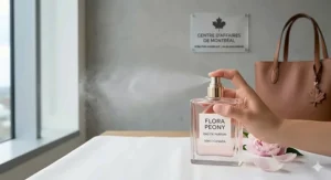 An illustration showing a light, skin-scent peony perfume mist, designed to be polite and compliant with Canadian scent-free workplace guidelines.