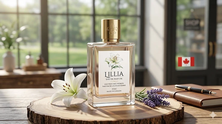 Elegant glass bottle of luxury lily perfume for women featuring bilingual French and English labeling on a wooden vanity tray in a sunlit Canadian boutique.