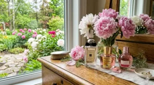 High-end luxury peony perfume bottles from top designers on a marble surface.