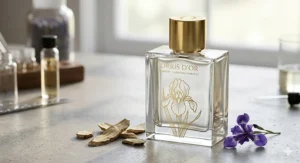 A sleek, modern glass perfume bottle featuring a gold iris motif, representing minimalist luxury design.