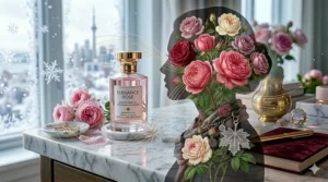 A chic illustration of a woman in Toronto or Montreal wearing a signature rose perfume, blending classic and modern styles.