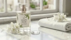 Minimalist bottle of musk-based fragrance with clean floral undertones for everyday wear.