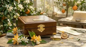 Botanical sketch of orange blossoms and green leaves, emphasizing the natural ingredients in an eco-friendly spring perfume for Canadians.