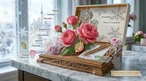 Detailed botanical illustration of organic roses used in high-end rose perfumes for women available in the Canadian market.