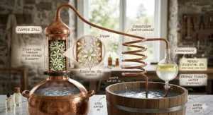Infographic showing the steam distillation of orange blossoms to create the pure essence used in premium fresh neroli perfumes.