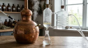 Illustration of the steam distillation process used to extract neroli oil from petals and petitgrain from twigs, essential for understanding perfume quality.