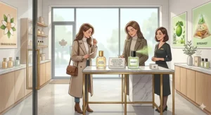 A photorealistic illustration of a niche perfume boutique in a Canadian city like Toronto or Vancouver, featuring orange blossom and bergamot testers.