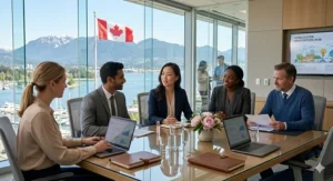 A diverse group of Canadian professionals collaborating in a bright, glass-walled Vancouver boardroom, highlighting office-safe peony perfume choices.