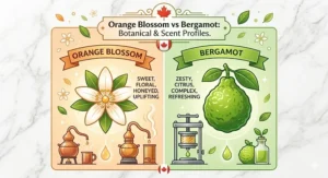 A botanical illustration/infographic comparing the white petals of orange blossom and the green rind of bergamot used in luxury perfumes.