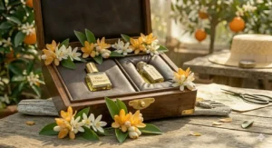 Beautifully wrapped orange blossom perfume for spring, perfect for a Canadian Mother’s Day gift or seasonal celebration.
