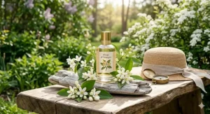 Illustration of scent notes for an orange blossom perfume for spring, featuring neroli, jasmine, and honeyed citrus accents.