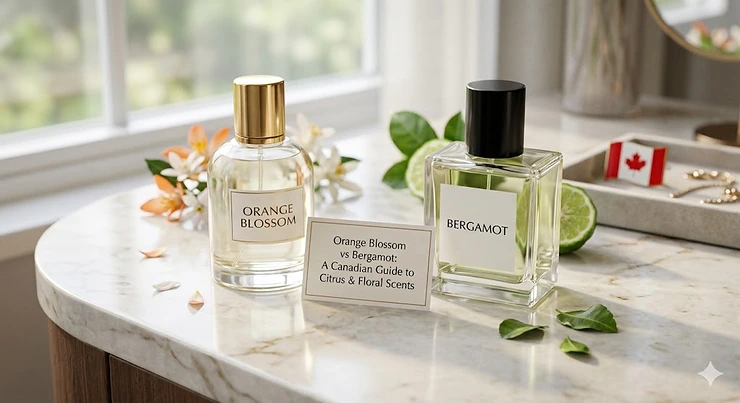 A photorealistic comparison of orange blossom and bergamot perfume bottles on a marble vanity, highlighting the choice between floral and citrus scents for Canadian consumers. orange blossom vs bergamot perfume