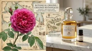 A botanical map showing the geographical origins of Damask and Bulgarian roses used in luxury perfumery.
