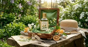 Elegant orange blossom perfume for spring (parfum à la fleur d'oranger pour le printemps) displayed with a chic Montreal-inspired aesthetic.