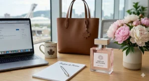 A chic minimalist illustration representing a Montreal professional, featuring text for "Parfum de Pivoine" alongside a bottle of peony perfume for office wear.
