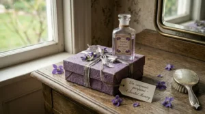 Elegant sketch of a gift-wrapped box themed around Parma violet perfume. Esquisse élégante d'une boîte cadeau sur le thème du parfum à la violette de Parme.