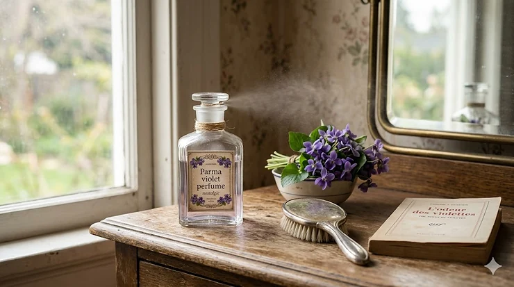 Vintage glass bottle of Parma violet perfume with soft floral accents. Une bouteille de parfum vintage à la violette de Parme avec des accents floraux doux. Parma violet perfume nostalgic