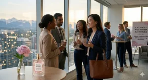An illustration of a professional transitioning from a day at the office to an evening networking event in Calgary, wearing a versatile peony perfume.