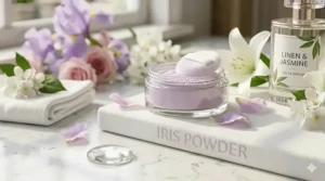 Artistic representation of cosmetic powder and soft floral petals for powdery fragrance notes.