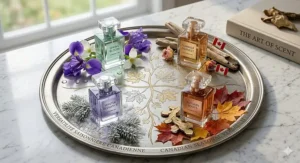 A seasonal graphic showing the versatility of iris perfumes for Canada’s changing climates, from spring bloom to winter elegance.