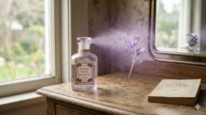 Illustration of a fine mist spray rising from an elegant violet perfume bottle. Illustration d'une fine brume parfumée s'échappant d'un élégant flacon de parfum à la violette.