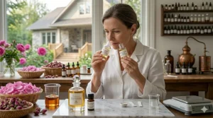 A professional perfumer comparing Damask rose and Bulgarian rose scent profiles to create a balanced floral fragrance.