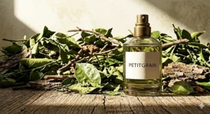 Earthy illustration of Petitgrain perfume notes featuring crushed green leaves and woody twigs, highlighting its herbaceous difference from neroli.