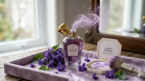 Aesthetic shot of powdery violet perfume for a soft floral finish.