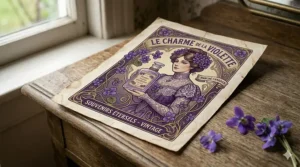 A nostalgic, retro-inspired graphic design featuring Parma violet branding. Un design graphique rétro nostalgique mettant en vedette la marque de violette de Parme.