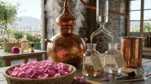 The traditional steam distillation process used to extract pure Bulgarian rose oil for high-quality floral fragrances.